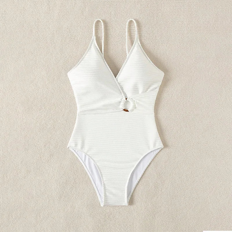 Sexy White Black Swimwear Women 2026 Deep V Neck Hollow Out Ring Linked Slim Fit One Piece Swimsuit Beach Bathing Suit Monokini