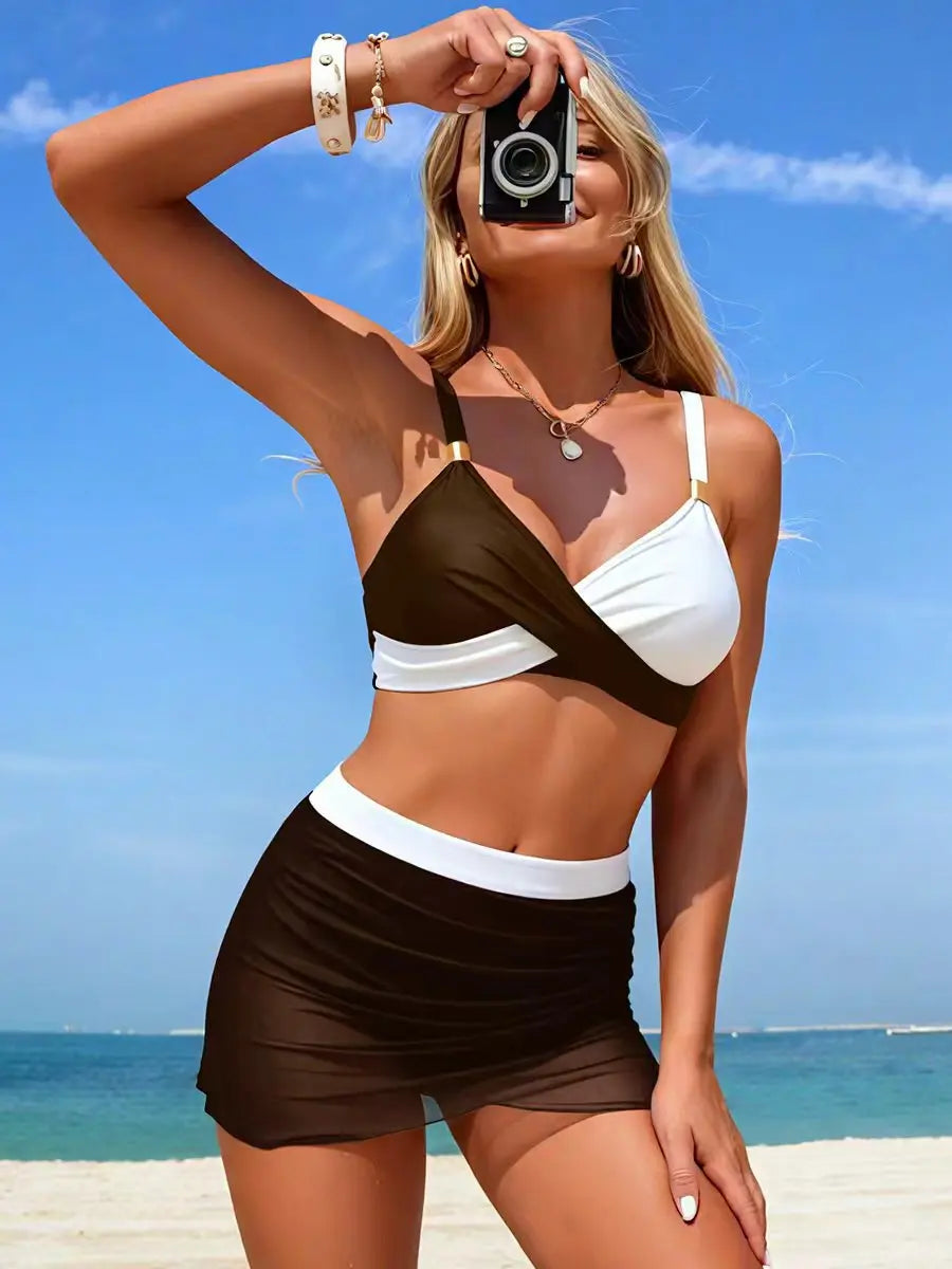 Green Patchwork Bikini Set 2026 Women Pleate Cross Push Up High Waist Swimsuit Tankini Beach Bathing Suit Skirt 3 Piece Swimwear