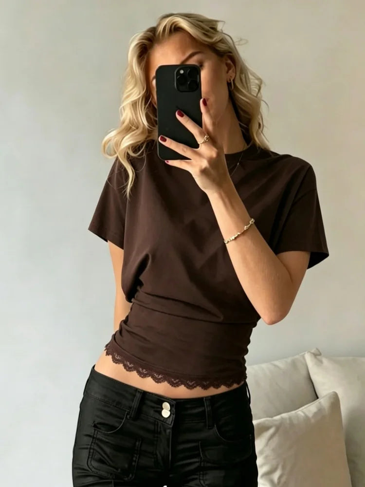 Woman Lace Crop Top Dolman Sleeve Summer Sexy Elegance Leisure Round Collar Semi Slim Solid Color T-shirt Top Pleating