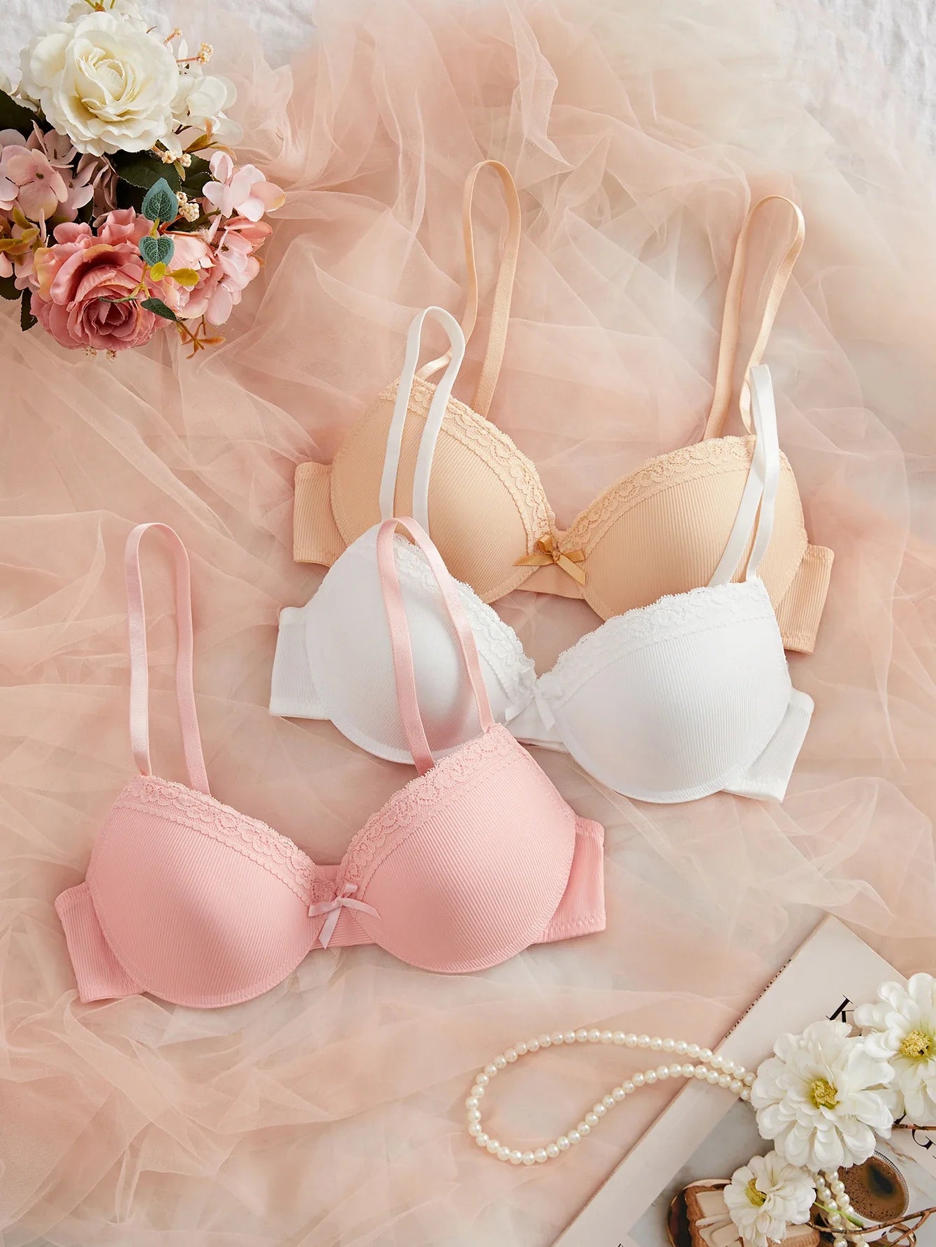 3-Pack Ribbed Women's Underwear Set Everyday Push up Bra Lace Trim Splicing Sexy Bras Comfortable Thin Cup Underwire Women's Bra