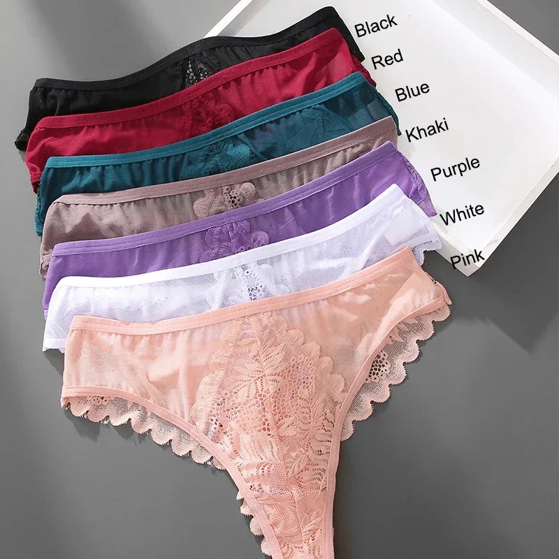 5PCs/Set Sexy Lace Thongs for Women Solid G-String Panties Floral Perspective Underwear Female Soft Breathable Women Lingerie