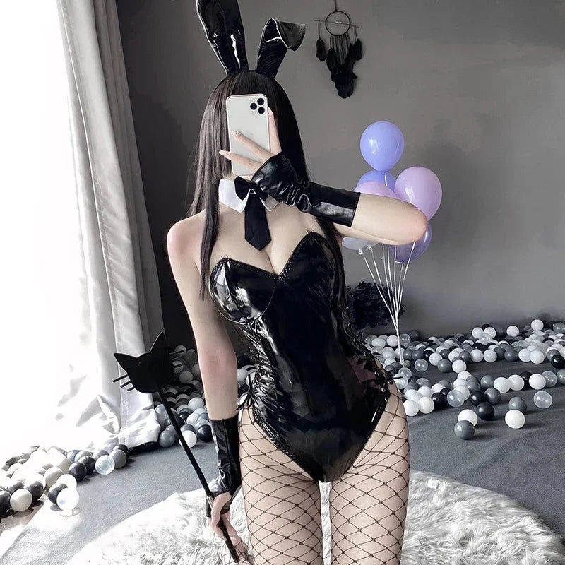 Mai Sakurajima Bunny Girl Cosplay Costume Women Sexy Lingerie PU Leather Bodysuit with Tie and Headband Set Anime Outfit