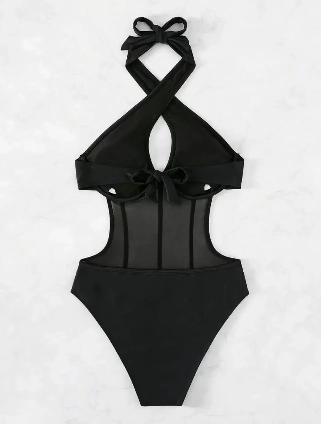 Sexy See Through One Piece Swimsuit 2025 Women Halter Corss Underwire Tummy Control Swimwear Solid Black Hot Pink Bathing Suits