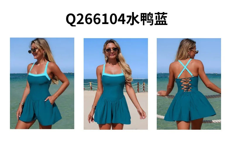 Vintage Black Patchwork Skirt One Piece Swimsuit 2026 Women Back Bandage Cross Pocket Swimwear Beach Bathing Suit Slim Monokini