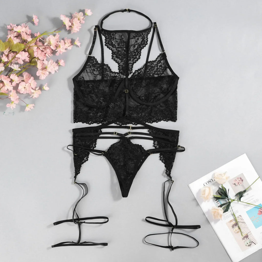 3PCS Lace See Through Bra Set Women Sexy Lingerie Underwear Halter Tops Bra and Panties Garter Intimate Sex Costumes
