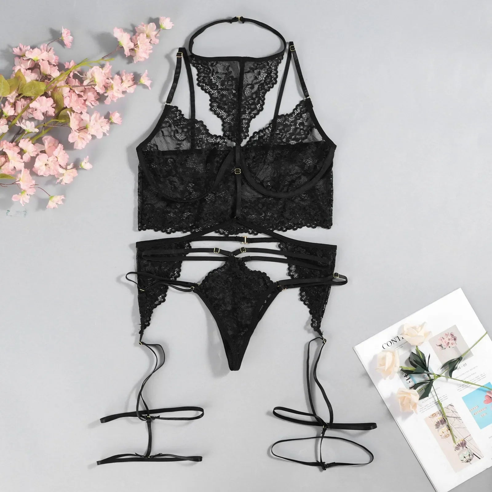 3PCS Lace See Through Bra Set Women Sexy Lingerie Underwear Halter Tops Bra and Panties Garter Intimate Sex Costumes