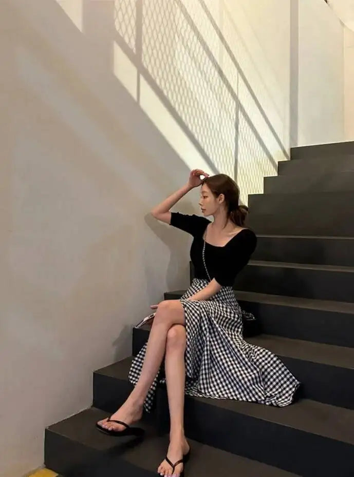 WOMENGAGA Korea Style 2023 Spring/Summer New High Waist Elegant Split Plaid Skirts Half Length Skirts Fashion Women 2023 22IV