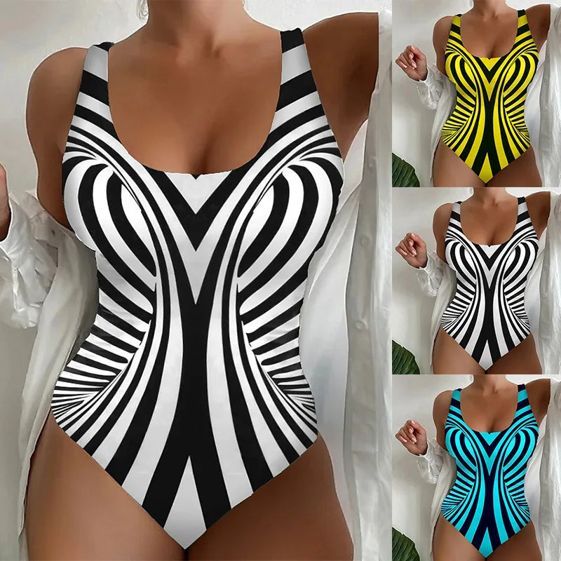 Vintage Abstract Print One Piece Swimsuit Women 2025 Black White Striped Tummy Control Large Size Swimwear Bathing Suit Monokini