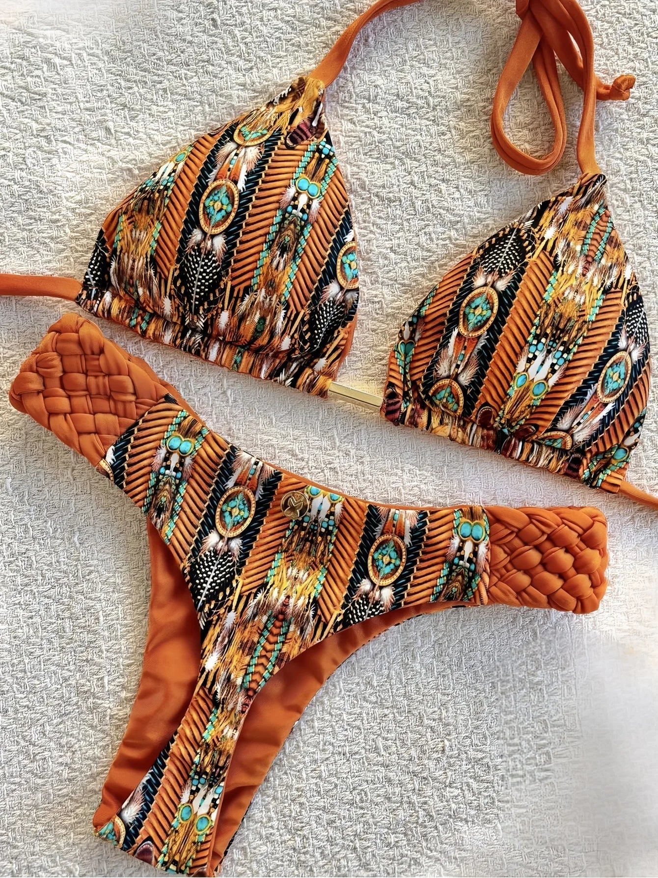 Sexy Vintage Print Bikini Set 2025 Women Orange Cut Out Weave Thong Swimsuit Bather Bathing Suit Two Piece Swimwear Biquini
