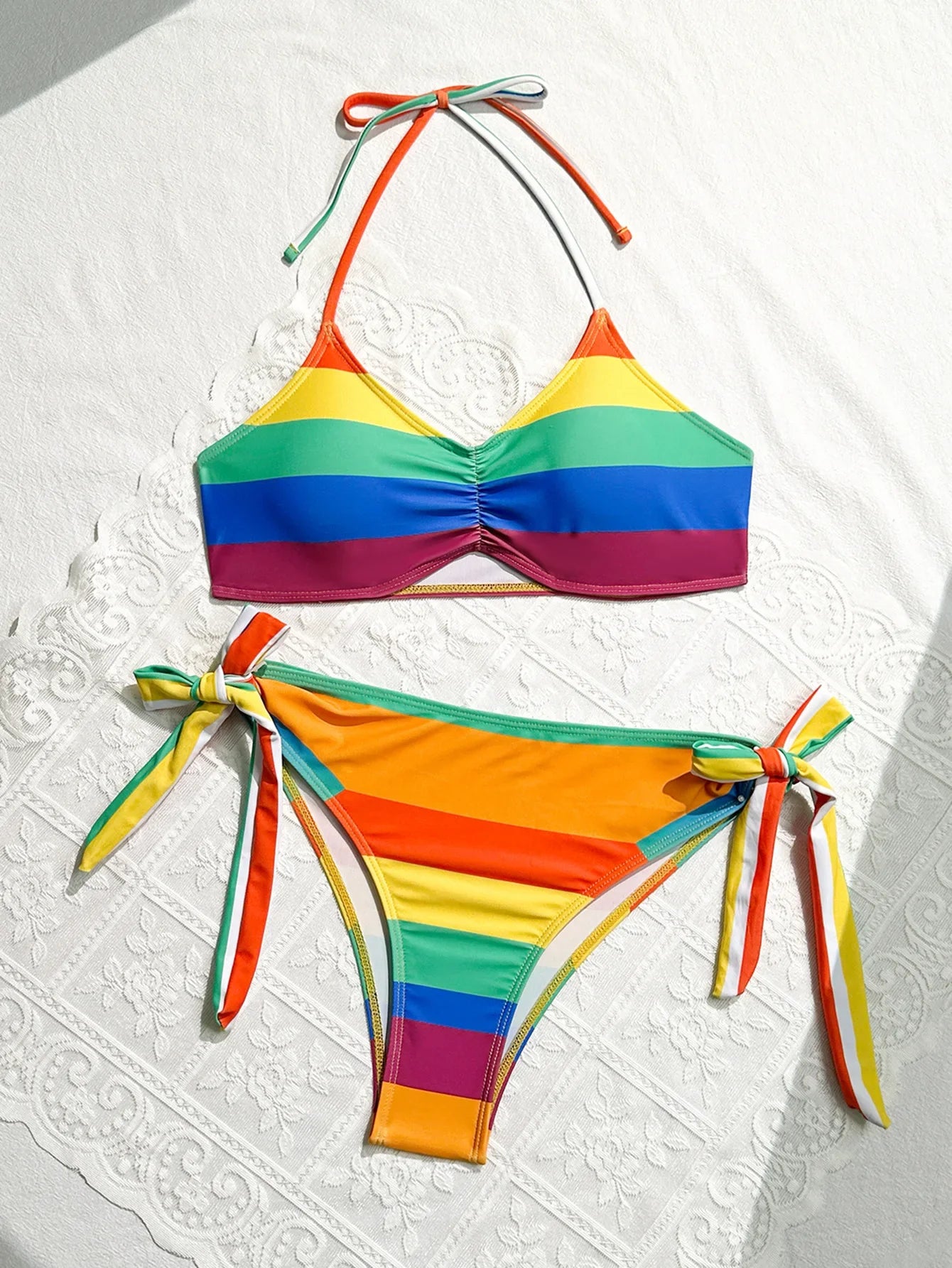 Women's Rainbow Color Bikini Set Sexy Beach Vacation Backless 2 Piece Swimsuit 2024 Summer Bathing Suit Bra Push Up Swimwear
