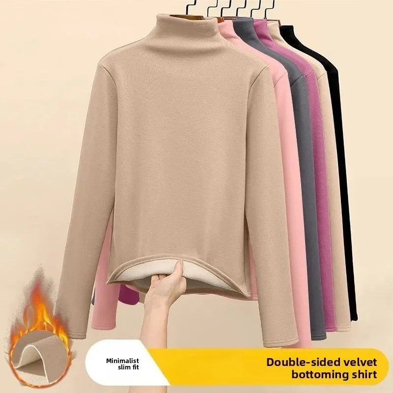 Women Thermal Underwear Winter Thickened and Flannel Bottom Shirt Solid Long Sleeve Basic T-Shirt Heating Fiber Pullovers