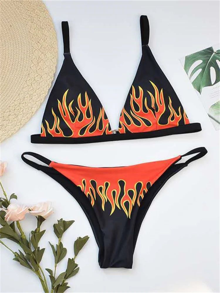 Fire Print Bikini Sexy Off Shouler Women Swimsuit Push Up Plaid Swimwear Brazilian Bikini Set Bathing Suit Trajes De Baño Mujer