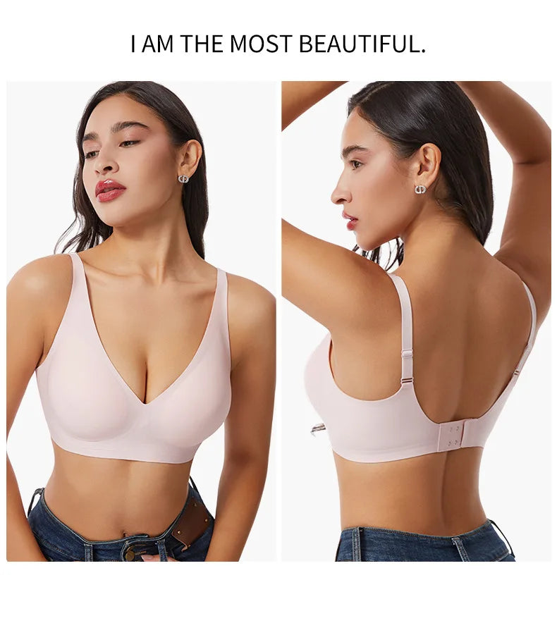 Women's Deep V Jelly Seamless Bra Wire-Free 3D Soft Support Thin Molding Leopard Print Solid Color Comfortable Bra Underwear