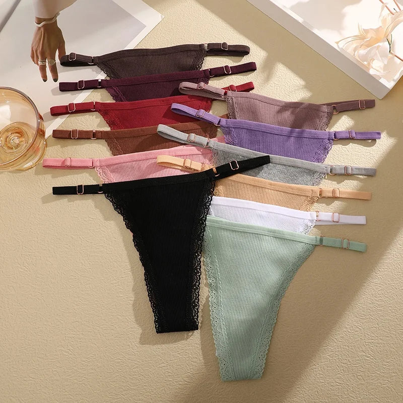 7Pcs Cotton Lace Panties Sexy G-String Women's Underwear Low Waist Comfortable Lingerie Briefs Adjustable Waist Thong Intimates