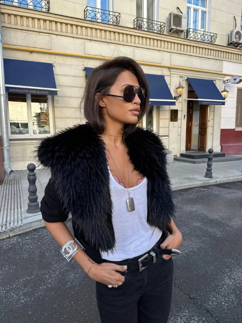 Trendix Black Knit Cardigan For Women Winter Detachable Faux Fur Collar Short Tops Street Slim Party Elegant Outerwear Top Femme