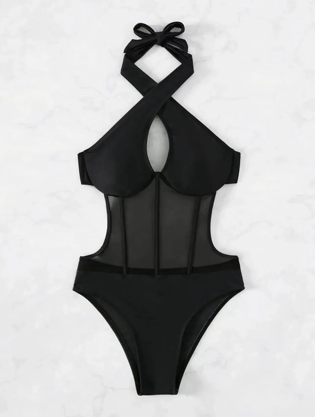 Sexy See Through One Piece Swimsuit 2025 Women Halter Corss Underwire Tummy Control Swimwear Solid Black Hot Pink Bathing Suits