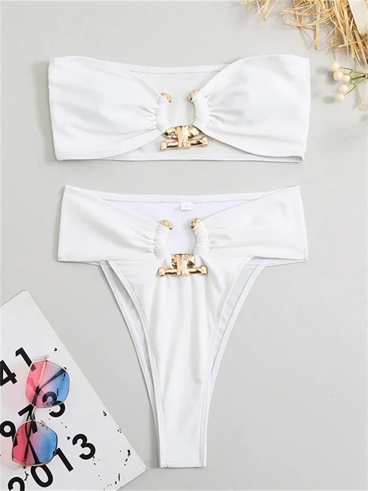 Luxury Metal Designer High Waist Bikinis Sets Women Solid White Black Bandeau Push Up Swimwear 2024 Bathing Suit Thong Swimsuit