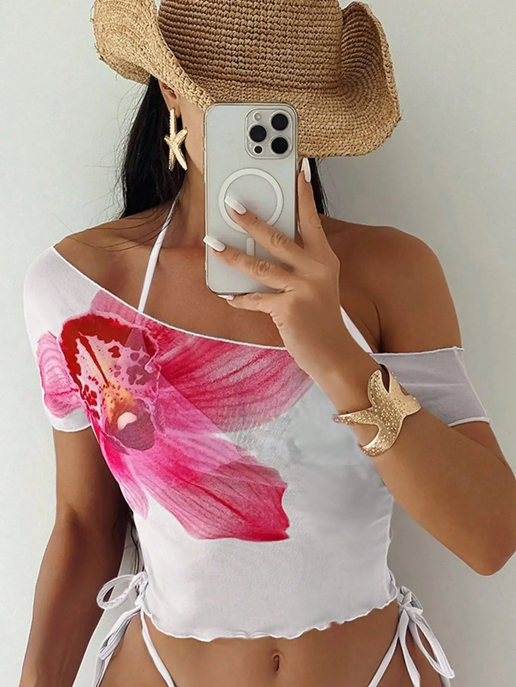 Sexy Pink Floral Print Short Sleeve Cover Up 3 Piece Bikini Set 2026 Women Push Up Thong Swimsuit Holiday Bathing Suit Swimwear