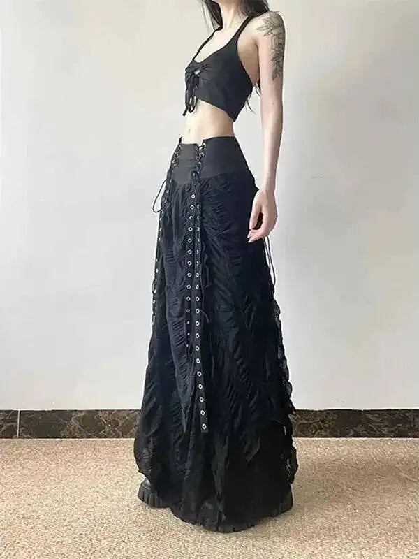 Y2K Lace Mesh Long Skirt Women Harajuku Vintage Patchwork Bandage Black Skirts Gothic Aesthetic High Waist Chic Long Skirts ODU6