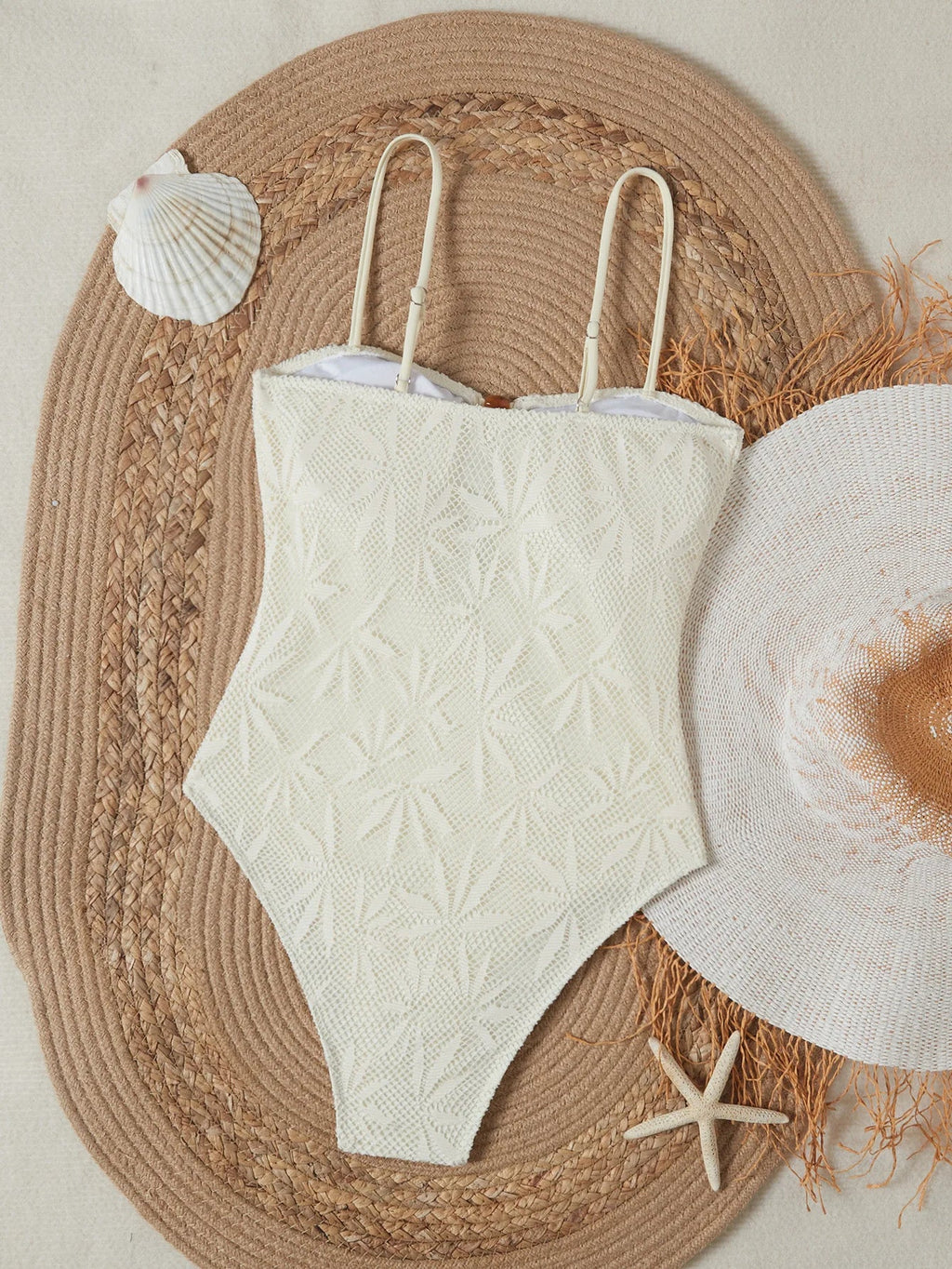 2026 Vintage Coffee Leaves Print One Piece Swimsuit Women Beaded String Hollow Out Backless Mesh Slim Fit Tummy Control Swimwear