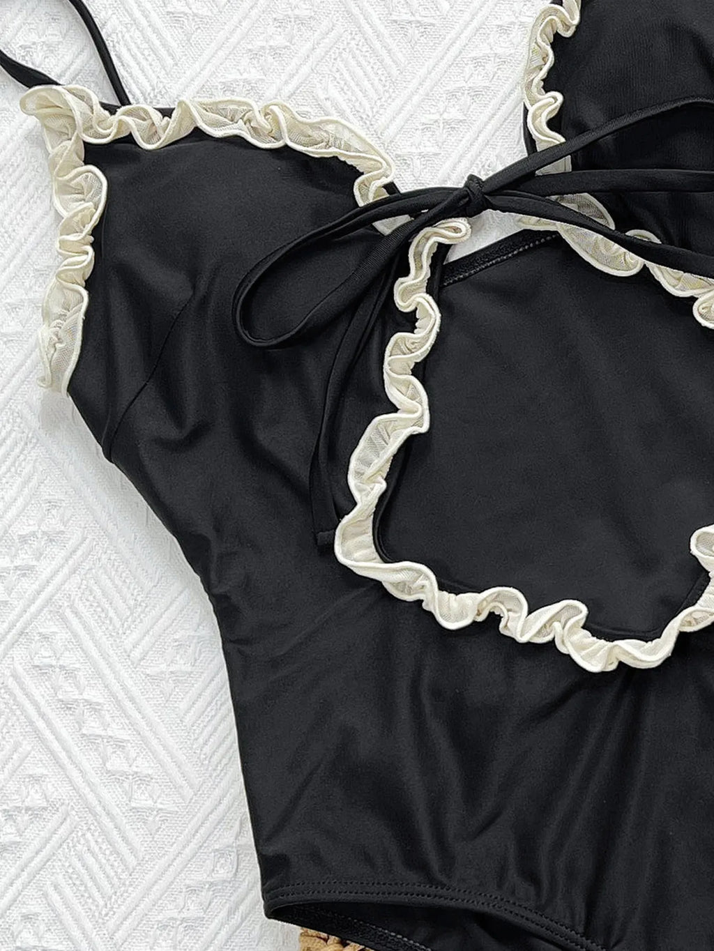 Sexy Black Patchwork One Piece Swimsuit 2026 Women Lace Trim Front Tie Hollow Out Bandage Cross Bathing Suit Holiday Swimwear