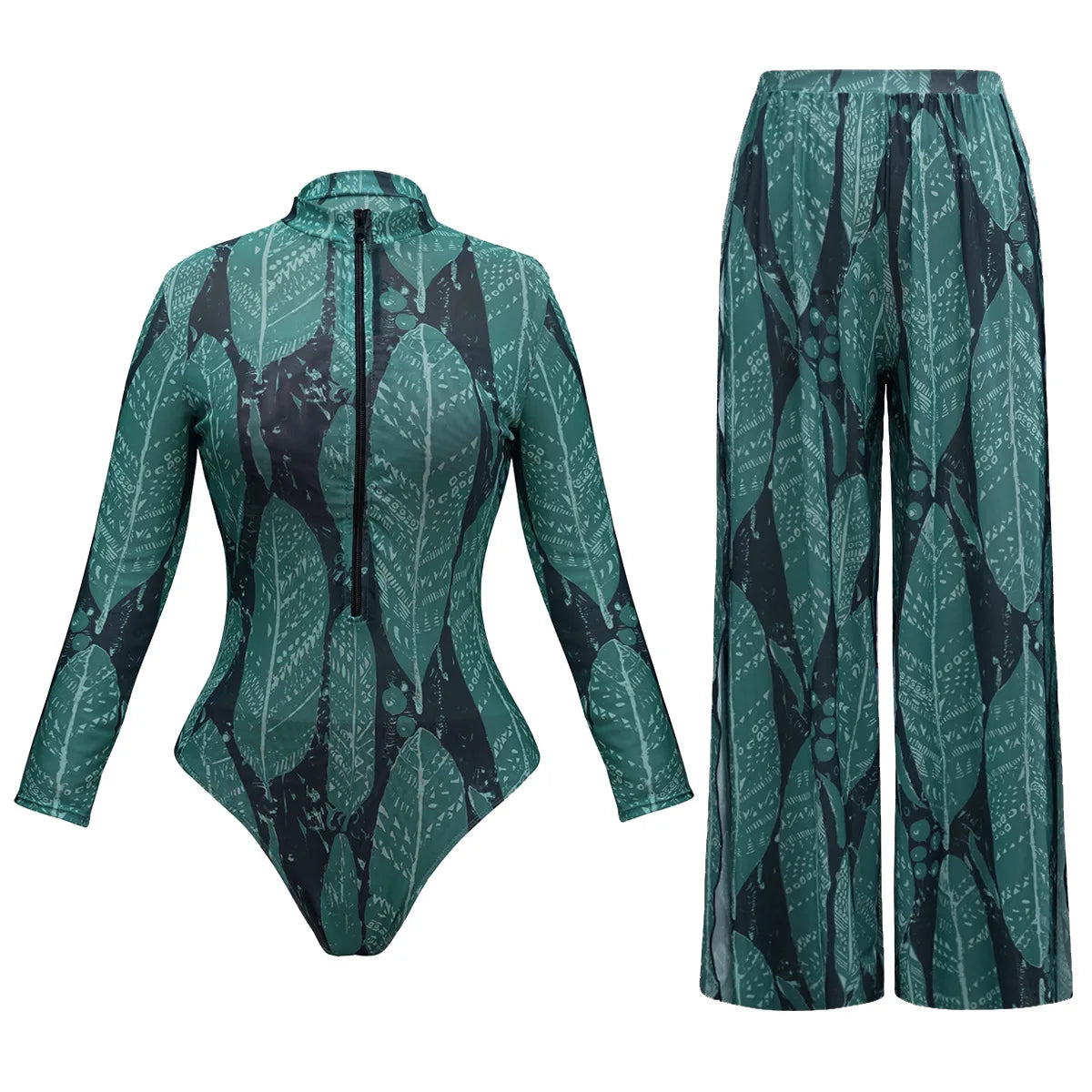 UPF35 Long Sleeved Sunscreen Swimsuit Long Pants Set Women Black Geometry Print Zipper Slim Fit Swimwear Bodysuit Beachwear 2025