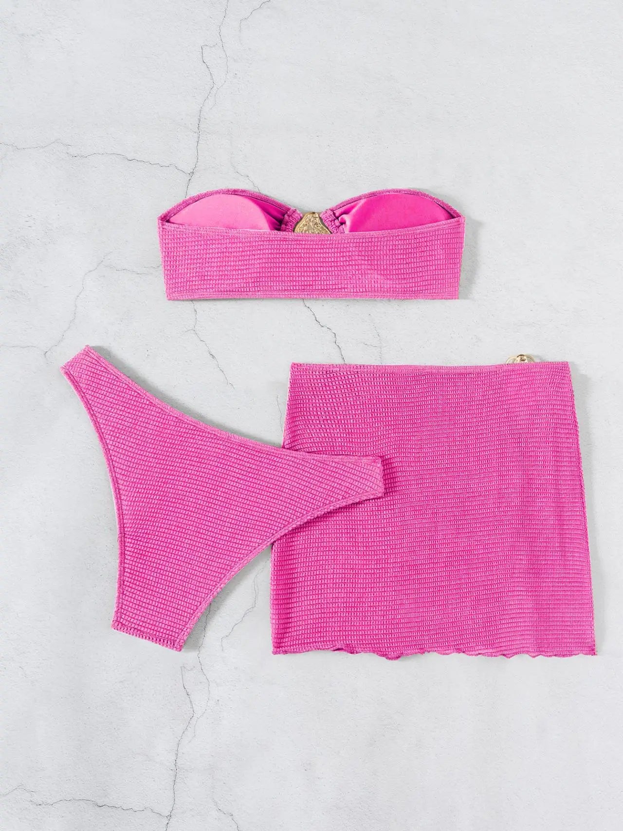 2026 New Sexy Bandeau Bikini Women Metal Water Droplet Ornament Push Up Mesh Skirt 3 Piece Swimsuit Beach Bathing Suit Swimwear