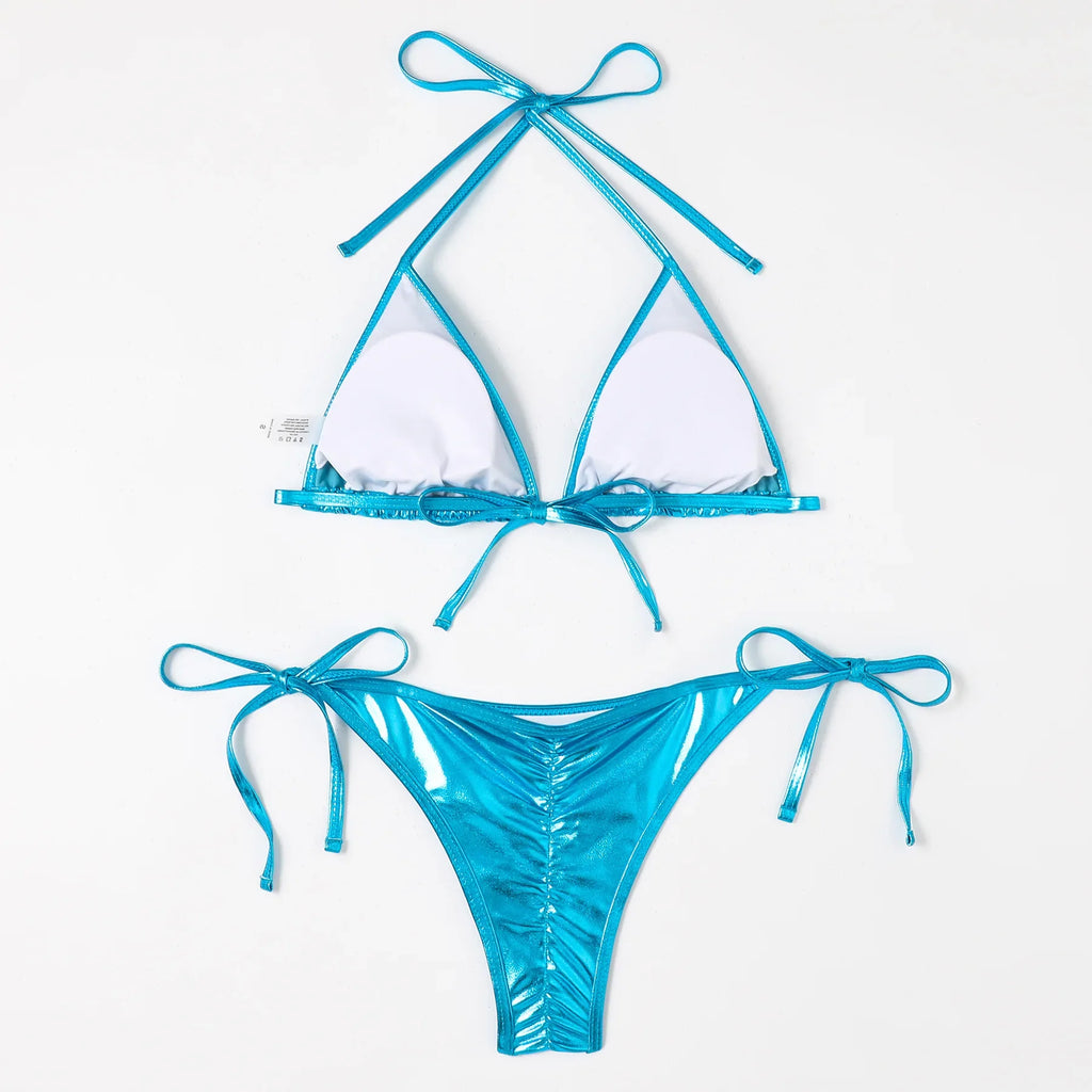 Shiny Swimwear Women Halter Bathers Bling Sequin Bikini Set Cut Out Push Up Padded Bathing Suit Thong Swimwear Glitter Biquini
