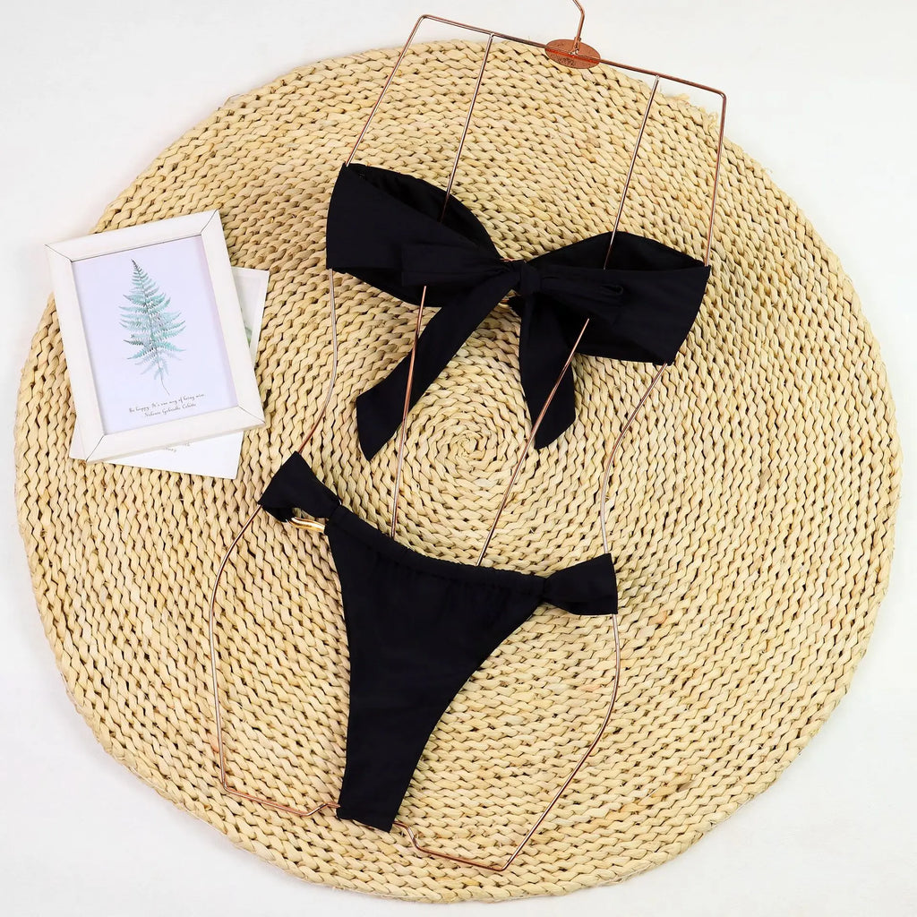 2026 New Sexy Push Up Low Waisted Bikini Set Swimsuit Female Swimwear Women Strappy Solid Black Beachwear Bathing Suits biquini