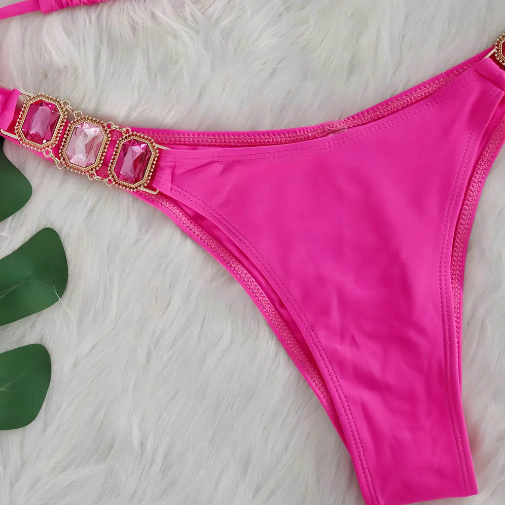 Sexy Rhinestone Bikini Set Women 2026 Luxury Pink Crystal Diamond Push Up Bandage Thong Swimsuit Beach Bathing Suit Swimwear