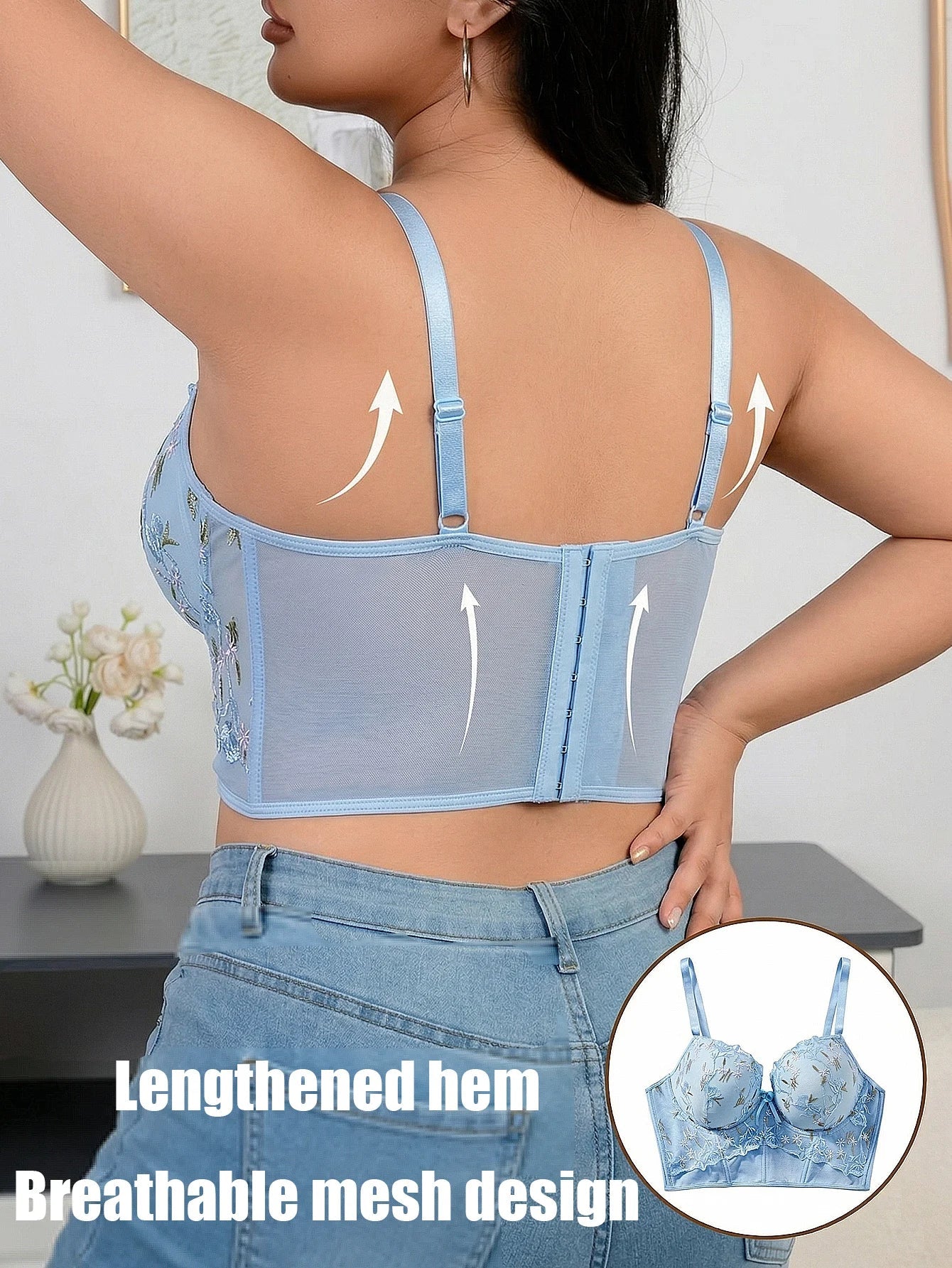 Plus Size Floral Embroidered Lace Bustier Bra – Push Up, Tummy Control & Non-Slip Corset Top