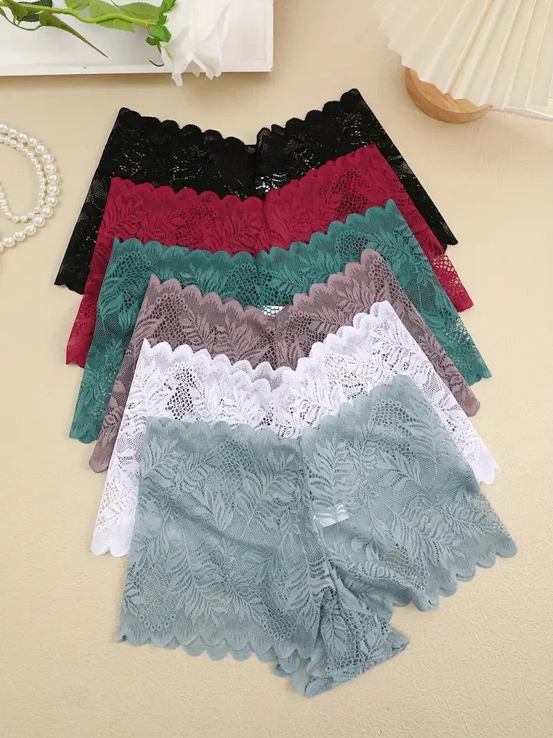6PCS Women Lace Boxers Briefs Sexy Seamless Breathable Low Waist Female Underwear Solid Color Intimates High Elastic Lingerie