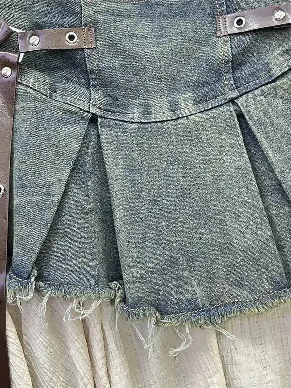 Retro Spliced Denim Pleated Skirt For Women Summer New Temperament Hot Girl Fashionable High Waist A-line Skirt Fashion AS1C