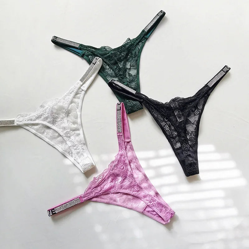 Rhinestone Lace Letter Sexy G String Women Panties Seamless Girls Underwear Transparent Thong For Female Low Rise Ladies Briefs