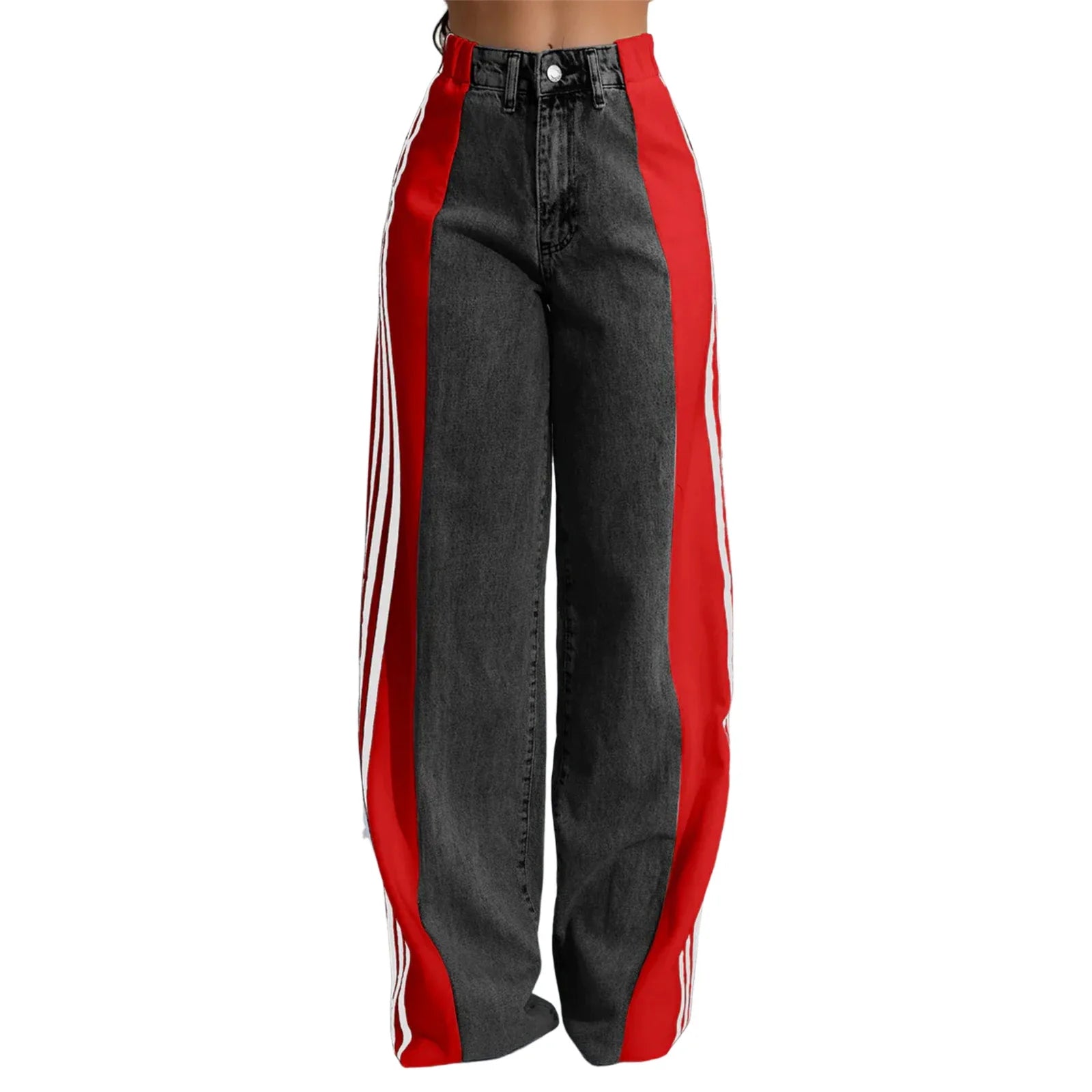 Women's Spring Summer Baggy Jeans Pants High Waist Loose Wide Leg Side Striped Denim Pants Streetwear