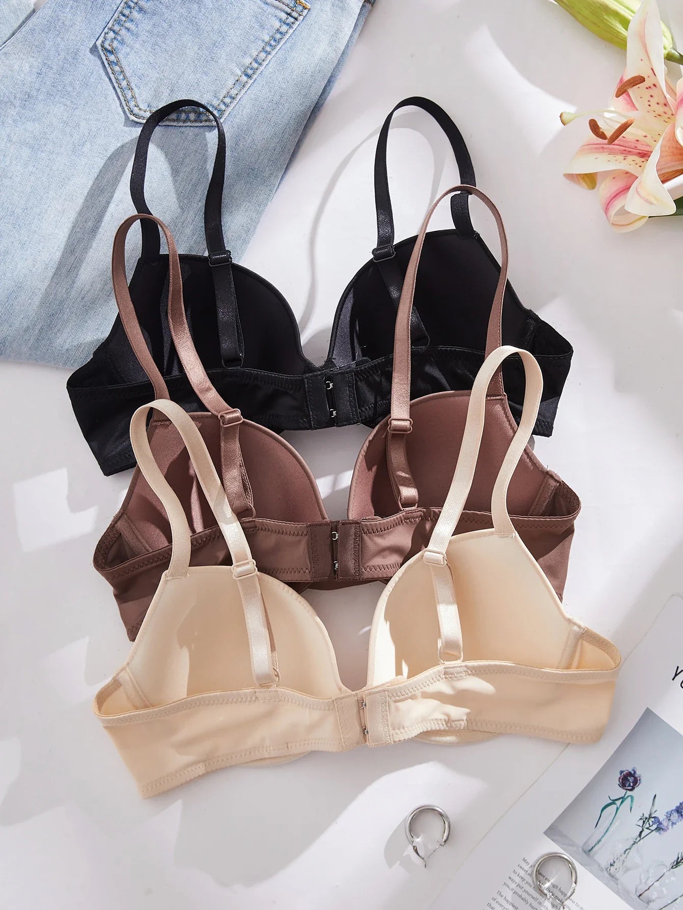 3Pcs Solid Women's Underwear Set Everyday Push up Bra Basic Underwire Bras Supportive and Comfortable Unpadded Women's Bra