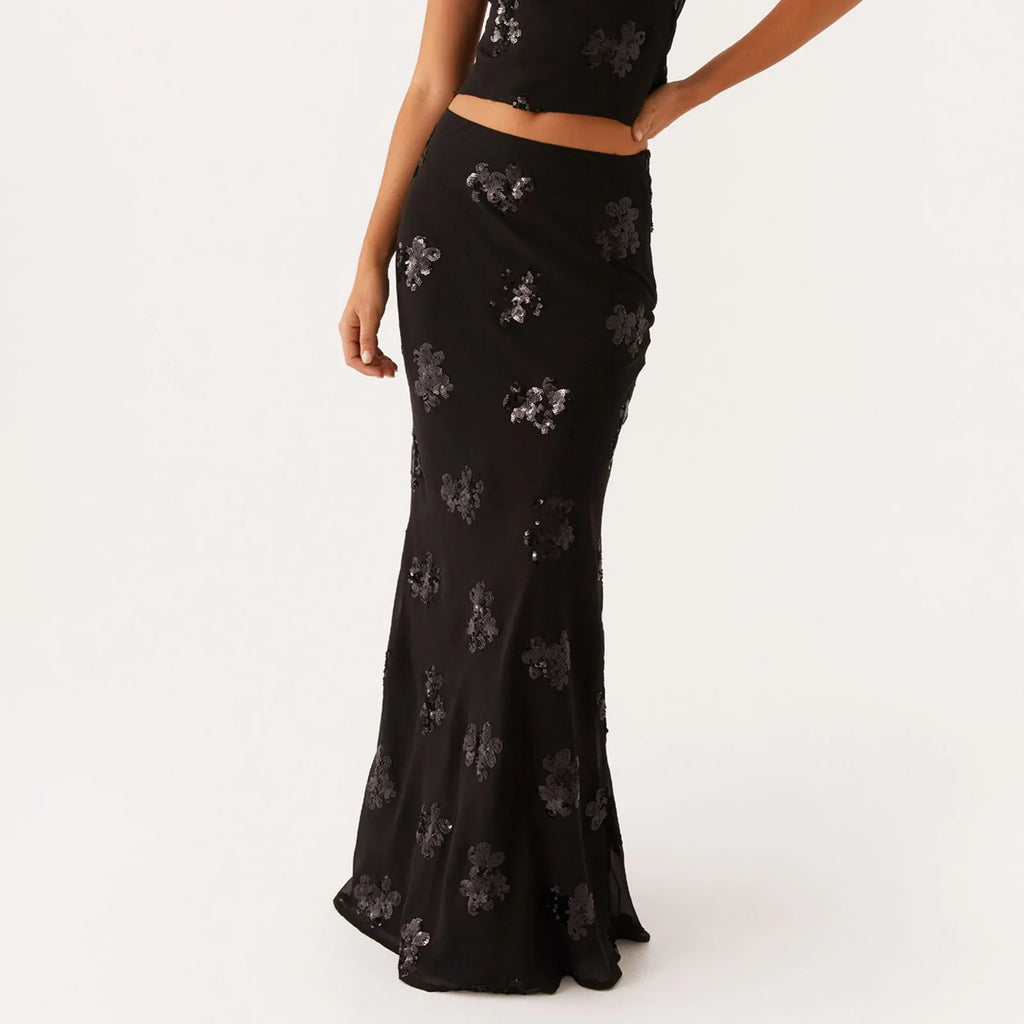 Elegant Sequin Long Skirts for Women Vintage Y2K Stylish Sequined Flowers Slim Fit Low Rise Maxi Skirt for Party Clubwear