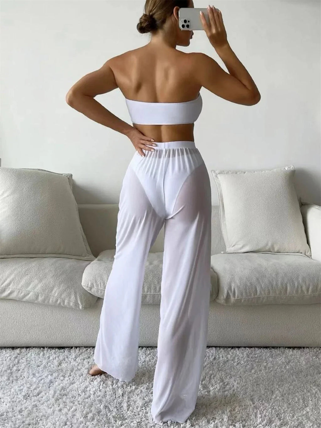 Bandeau Bikini 2024 Women Sexy White Cut Out V Bra Mesh Long Panties 3 Piece Swimsuit Beach Bathing Suit High Waist Swimwear