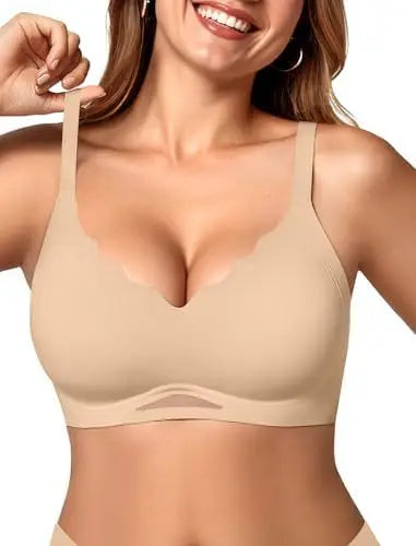 Women’s Wireless Bras Scalloped Push Up Bralettes No Und Full Cup Thin Mold Comfortable and Breathable Seamless Bra Sostén