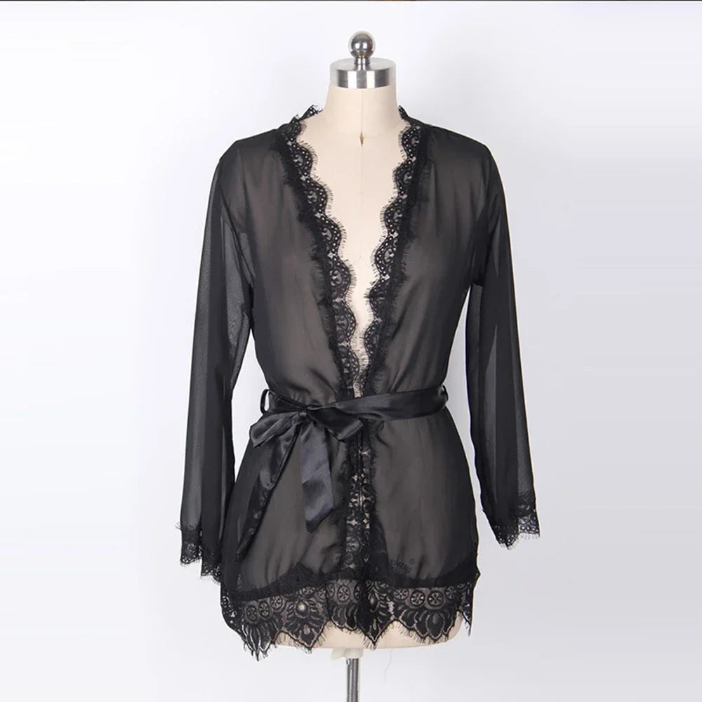 Sexy Lingerie Women Nightgown Black Lace Transparent Mini Dress with Belt and Panties Set Nightwear Sleepwear