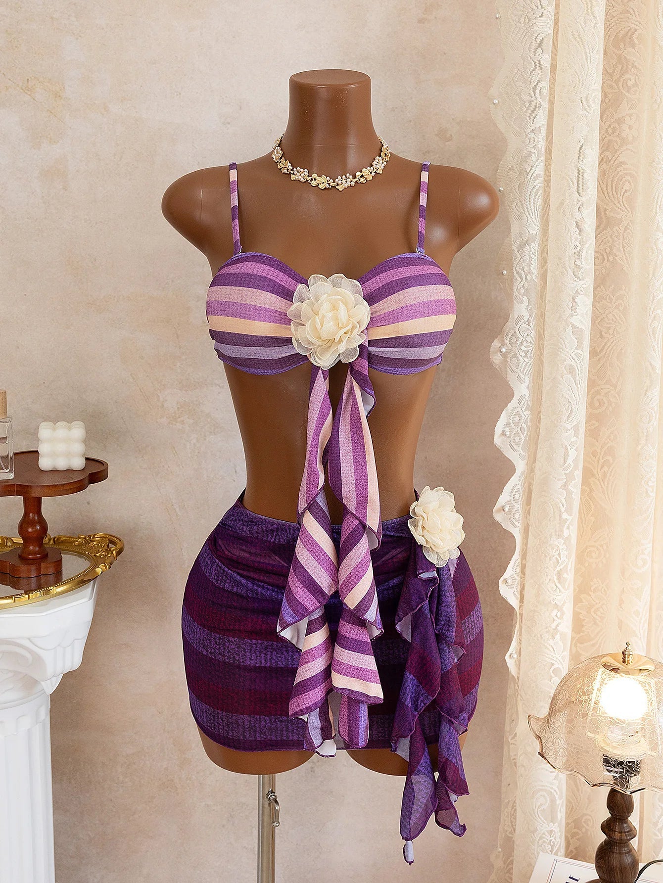Sexy 3D Floral Bikini Set Women Purple Striped Pleate Push Up Bra Skirt 3 Piece Swimsuit Beach Bathing Suit Vacation Swimwear