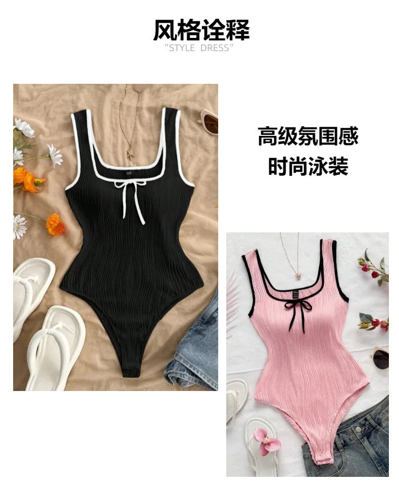 Vintage White Patchwork One Piece Swimsuit 2026 Women Front Tie Slim Tummy Control Swimwear Summer Holiday Bathing Suit Monokini
