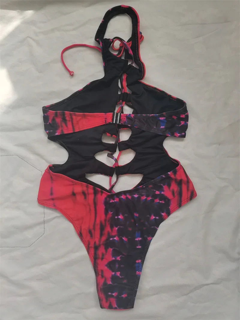 Sexy Black Hollow Out Swimwear Women 2026 High Neck Backless Monokini Lace Up Bandage Bathing Suit Holiday One Piece Swimsuit