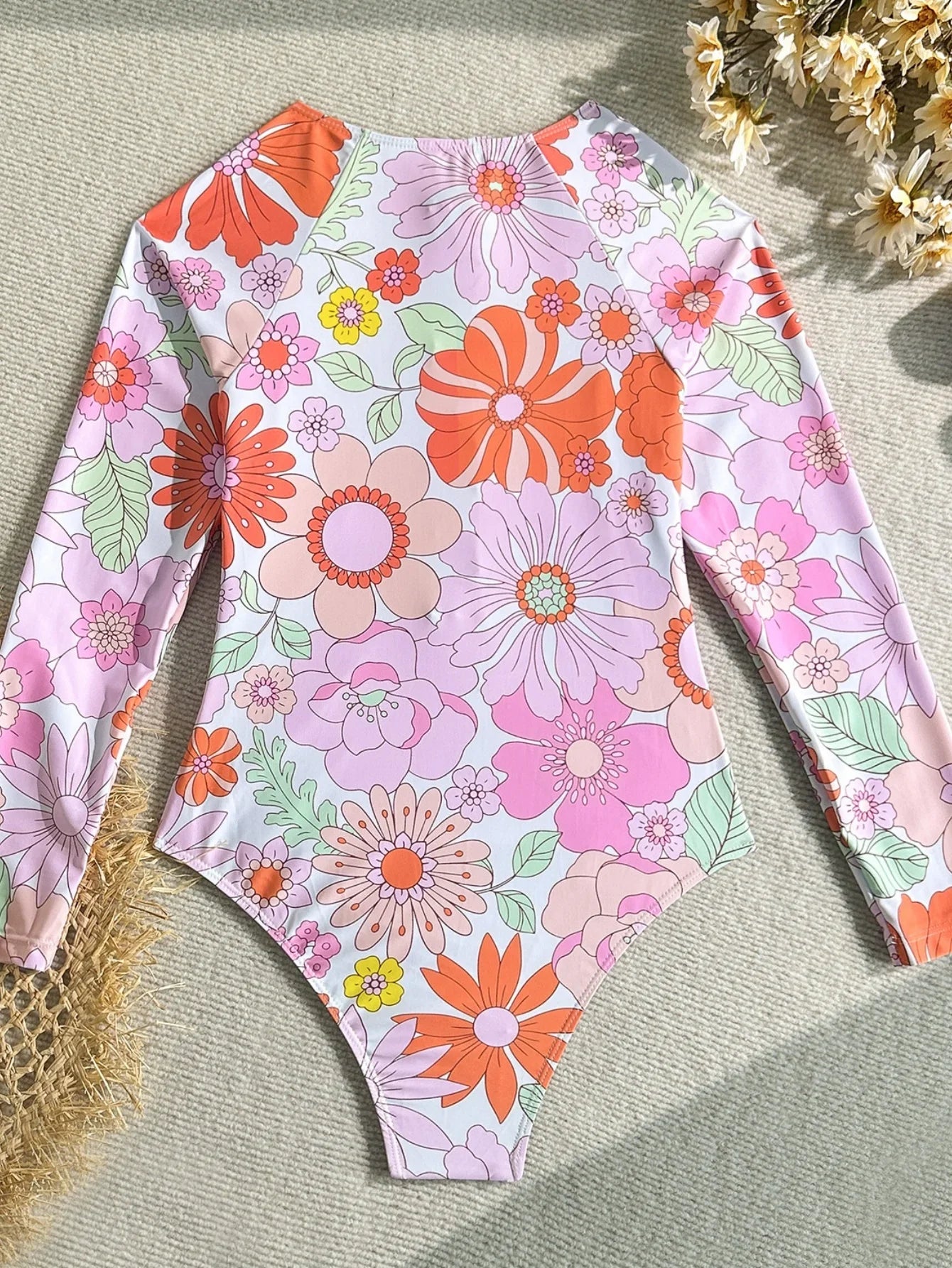 Vintage Pink Floral Print Swimwear Women 2026 Front Zipper Long Sleeve Sunscreen One Piece Swimsuit Bathing Suit Surf Monokini