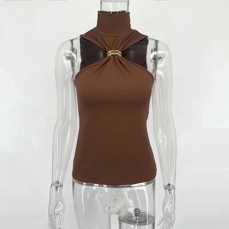 Trendix Fashion Metal Ring Tank Top Women 2025 Summer Y2k Solid Sleeveless Patchwork Tops Ladies Vacation Slim Party Elegant Top