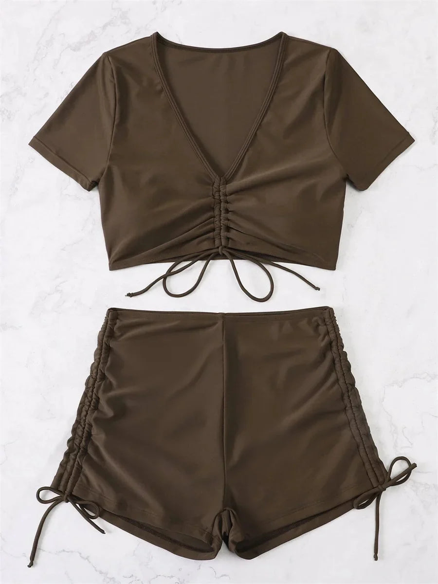 Sexy Drawstring Bikini Set 2026 Women Green Black Short Sleeve Two Piece Swimsuit Summer Bathing Suit Pleate High Waist Swimwear