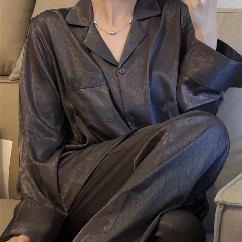 High Quality Ice Silk Light Luxury Pajamas Women's Pajama Spring and Autumn Style Long Sleeve Home Set Satin Nightwear Sleepwear