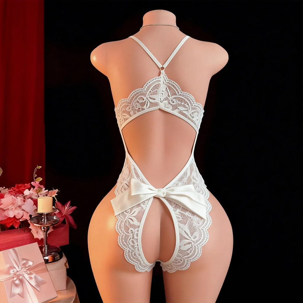 Crotchless Lingerie Lace Hollow Bra Set Sexy Tight Fitting Women Clothing,  V-neck Open  Bodysuit .Soft Padded Bra Underwear Set