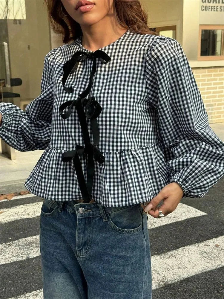 Plaid Lantern Long Sleeve Blouse for Women Spring Autumn Y2K Clothes Sweet Style Loose Knot Front Round Neck Top Streetweawr