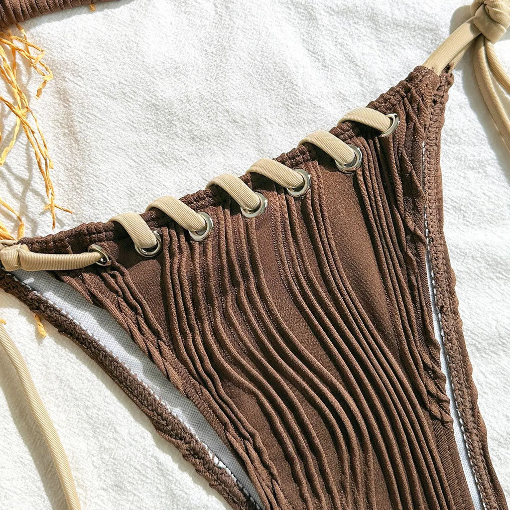 Sexy Micro Bikini 2025 Women Beige Brown Pink Weave Bandage Cross Crochet Swimsuit Brazilian Beach Bathing Suit Thong Swimwear